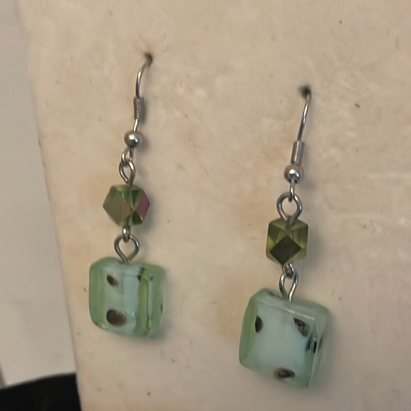 2” silver tone dangle drop earrings with teal green resin dice dangles on wires - Picture 4 of 12